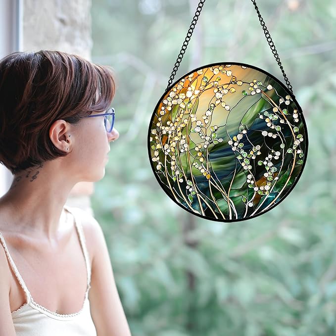 AMDERVEN Stained Glass Suncatcher, Yellow Green Gradient Flower Sun Catcher Plants Stain Glass Window Hanging Decoration Mother's Day Birthday Gifts for Women Men Mom and Nana 6.3 in