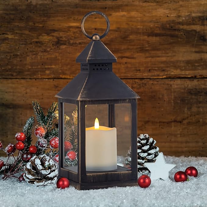 Vintage Golden Brushed Black Lantern Decorative LED Flickering Flameless Candle with Timer, Battery Powered LED Decorative Hanging Lanterns for Indoor Outdoor Garden Yard Home Decor(2 Pack)