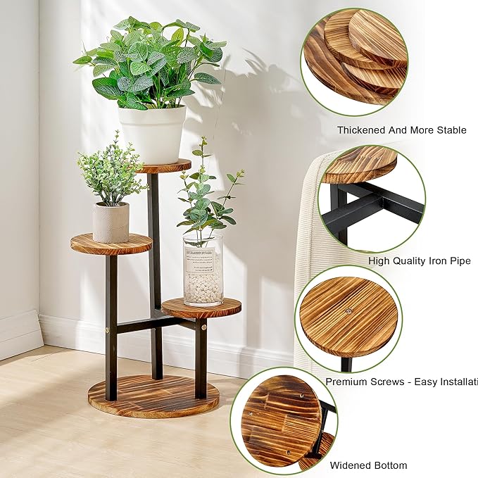 VECELO 3 Tier Plant Stand Indoor Outdoor, Tall Metal Wood Flower Shelf for Multiple Plants, Small Tiered Round Corner Display Rack, Planter Pot Holder for Patio Garden Balcony Living Room Bedroom