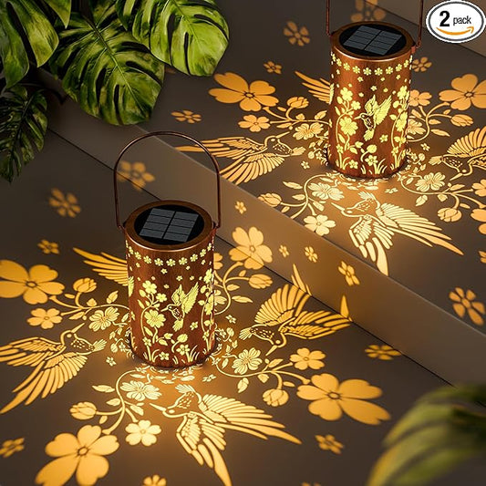 NFEVER Solar Lanterns Outdoor Waterproof: 2 Pack Hummingbird Decor Valentines Day Gifts for Her - 2 Modes Vintage Metal Hanging Solar Lights for Outside Patio Porch - Gardening Gifts for Women Mom