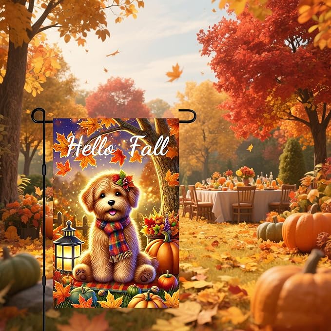 Hello Fall Garden Flag Thanksgiving Flag Cute Puppy Scarf Pumpkins Autumn Leaves Lantern Outdoor Yard Decor 12x18 Inch Double Sided Banner For Front Porch Lawn Patio Seasonal Home Decoration