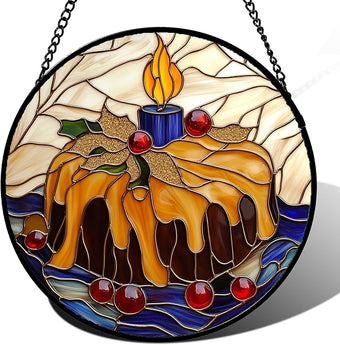 Stained Glass Window Hanging - Blue Candle Cake Suncatcher for Doors Home Christmas Decoration Winter Sun Catcher Thanksgiving New Year Birthday Gifts for Women Men Mom Nana Girl 9.8 in