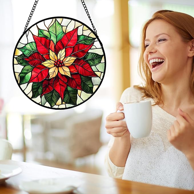 AMDERVEN Stained Glass Window Hanging - Red Poinsettia Birth Flower Sun Catcher for Door Garden Home Decor Suncatcher Christmas Mother's Day Birthday Gifts for Women Men Mom Girl Nana Friend 7.8 in