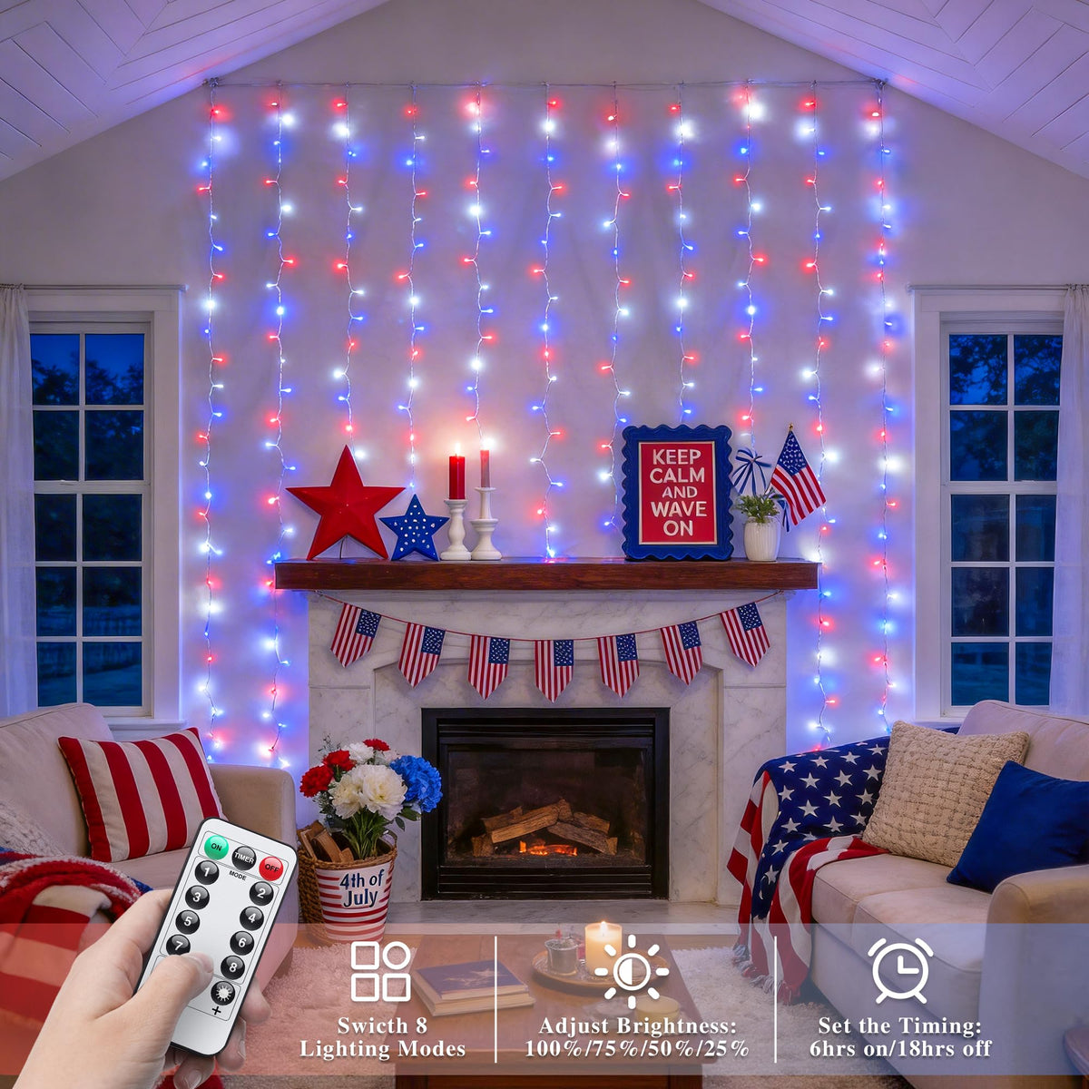 JMEXSUSS 200 LED Red White and Blue Curtain Lights