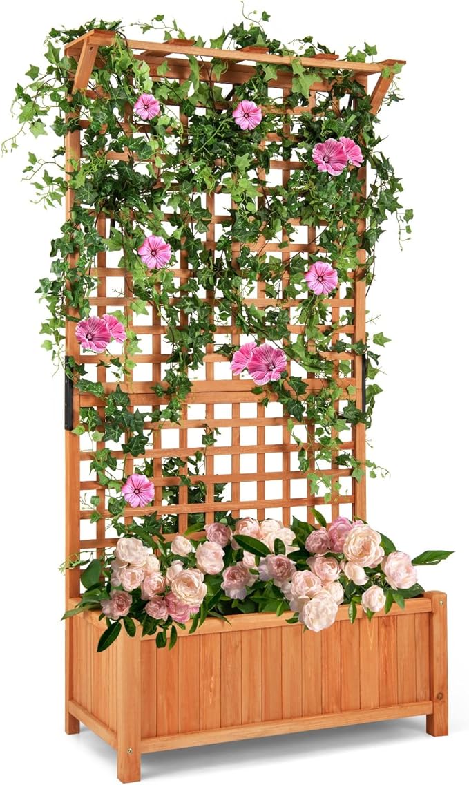 S AFSTAR Raised Garden Bed with Trellis, Wood Elevated Planter Box with Hanging Roof & Climbing Trellis, 4 Drainage Holes, 72.5" Tall Freestanding Planter Container for Vine Climbing Plants Flowers