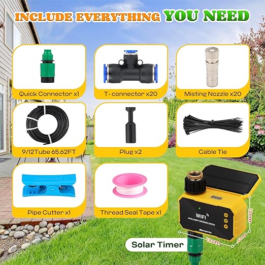 Moongiantgo Outdoor Misting Cooling System with Solar WiFi Water Timer, Misters for Outside Patio with 65.5FT(20M) Water Pipe+20 Misting Nozzles 0.02’’, Mister System for Outside Patio Garden Beaches