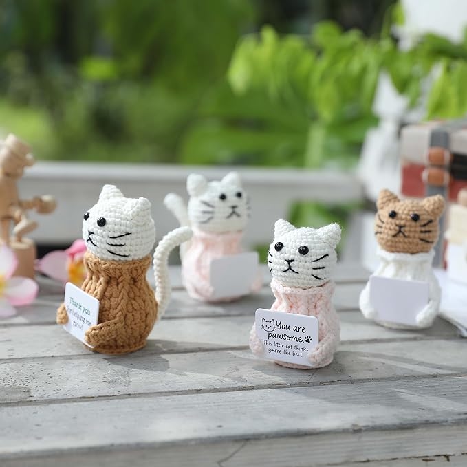 YOOJEE Positive Crochet Animals Cat – “You are Pawsome” Valentines Day Crochet Gift for Her Teens Women Adults Mom, Emotional Support Animal, Teacher Appreciation, Birthday Gift, Desk & Home Decor