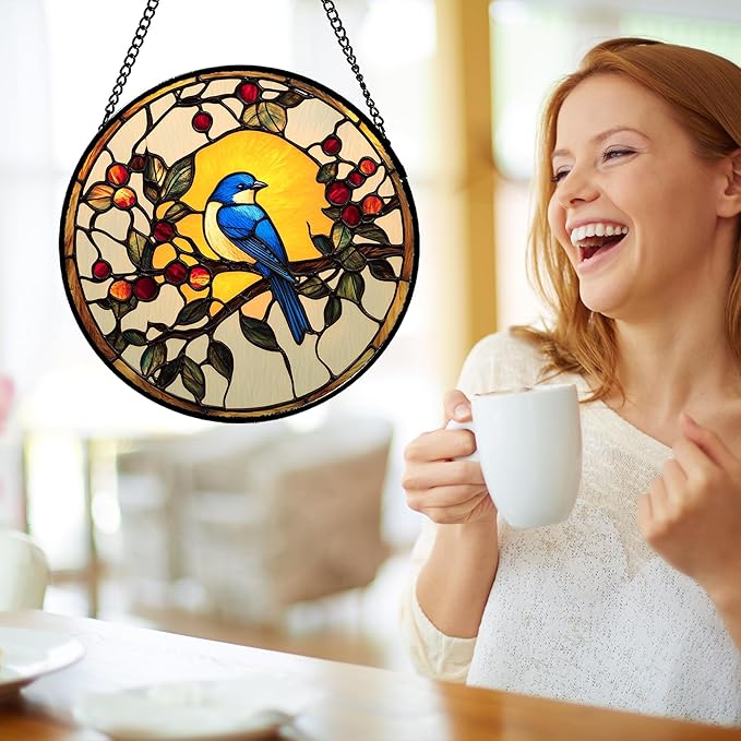 Stained Glass Window Hanging Blue Bird On A Branch Large 11.8" - Retro Suncatcher Door Garden Sunroom Sun Catcher Home Decor Birthday Christmas for Mom Men Woman Nana