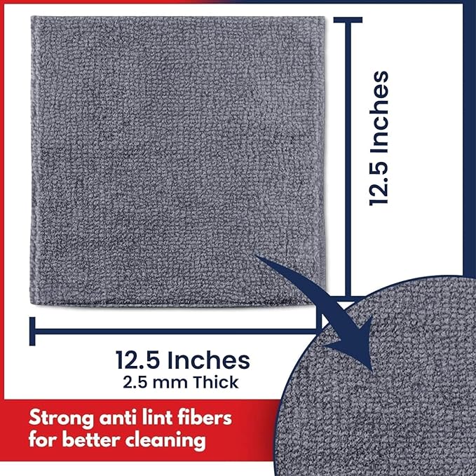 Microfiber Cleaning Cloth Grey - 100 Pcs (12.5"x12.5") - High Performance - 1200 Washes, Ultra Absorbent Microfiber Towel Weave Grime & Liquid for Streak-Free Mirror Shine - Car Washing Cloth