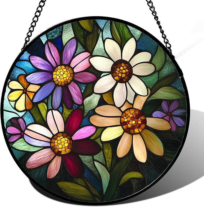 CRICRISGIF Stained Glass Window Hanging - Colorful Daisies Suncatcher for Door Garden Patio Retro Flower Sun Catchers Decor Christmas Mother's Day Birthday Gifts for Women Mom Nana Aunt Friend 9.8 in