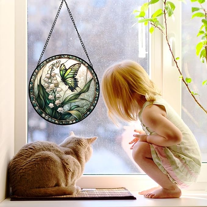 DASTOLL Stained Glass Window Hanging, Lily of The Valley Flower Butterfly Suncatcher for Doors Home Sun Catchers Decoration and Christmas, Mother's Day Birthday Gifts for Women, Men, Mom 9.8 in