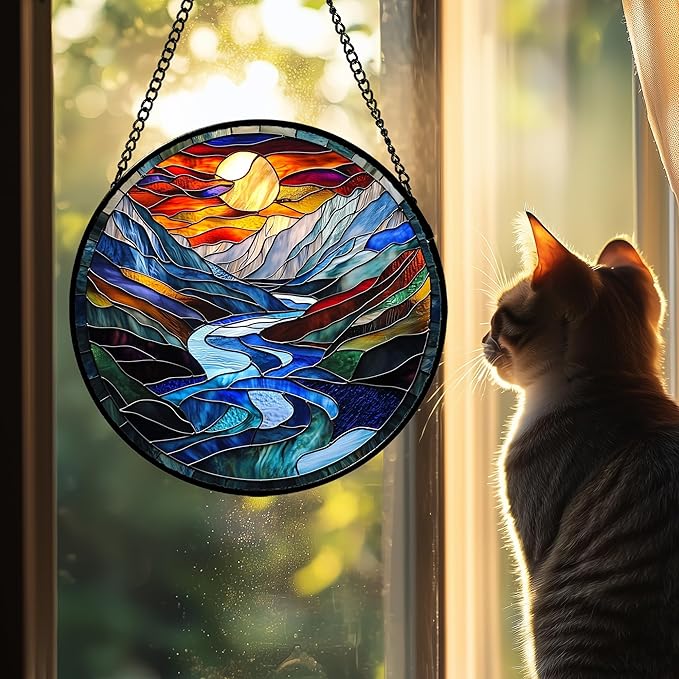 Stained Glass Window Hanging, Canyon Mountains Sunset View Sun Catcher for Window Home Decor Landscape Suncatcher Mother's Day Birthday Gifts for Women Men Mom and Nana 6.3 in