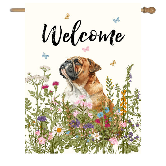 Floral English Bulldog Garden Flag Spring Summer House Flags 28 x 40 Double Sided Flower Dog Yard Flags for Outside Large Outdoor Welcome Flags