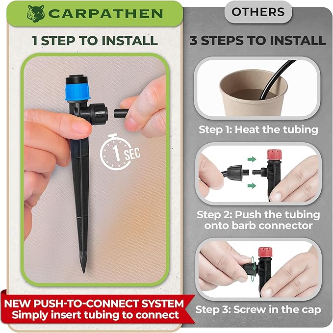 Carpathen 30pcs Drip Irrigation Emitters - 1/4" Drip Irrigation System Push-to-Connect - Adjustable 360 Degree Drip Emitters Vortex on 6" Sturdy Stake - Irrigation Drippers for Garden Watering System