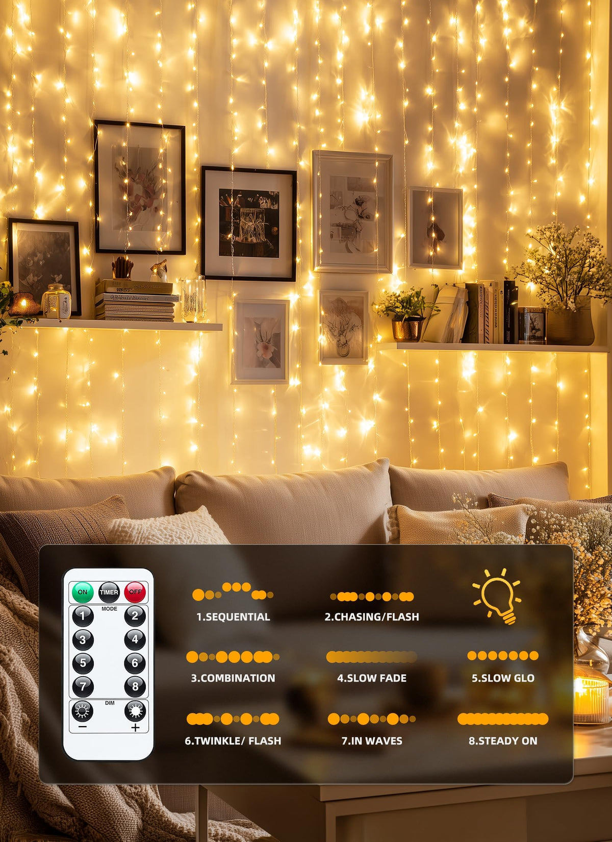 Brightown 2 Pack 300 LED Fairy Curtain Lights, 9.8ft x 9.8ft String Lights