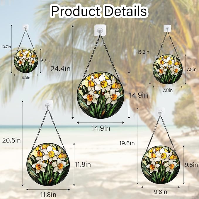 AMDERVEN Stained Glass Window Hanging, Yellow and White Daffodils Sun Catcher for Door Home Decor Plants Flowers Suncatcher Christmas Mother's Day Birthday Gifts for Women Men Mom Nana 15 in