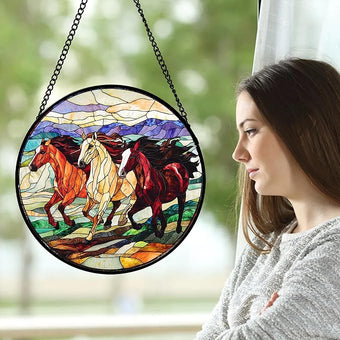AMDERVEN Stained Glass Window Hanging, Galloping Horses Sun Catcher for Door Home Decor Colorful Suncatcher Christmas Mother's Day Birthday Gifts for Women Men Mom and Nana 11.8 in