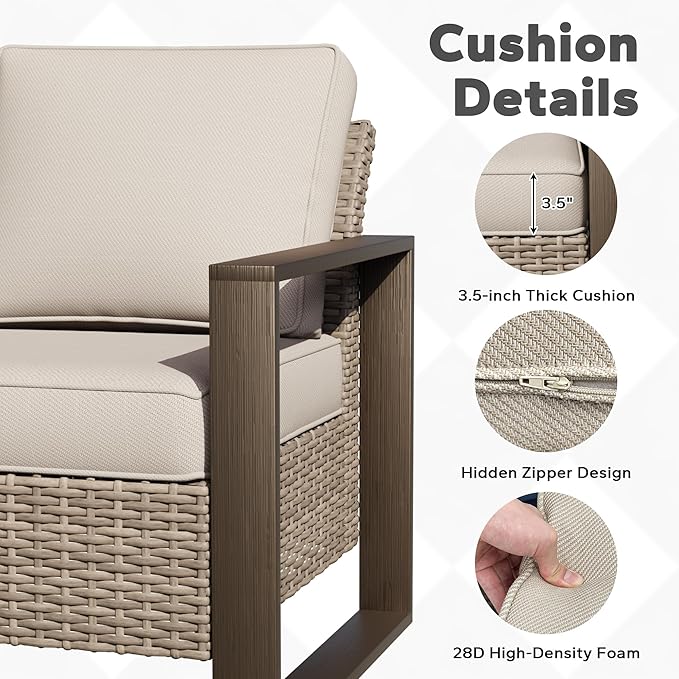 Joyside Outdoor Patio Chairs, 5 Pieces Wicker Rattan Furniture Set, 2 Patio Chairs, 2 Sofa and 2 Ottoman, Metal Wide Armrest, Thick Cushions and Deep Seating for Garden, Backyard, Porch, Deck