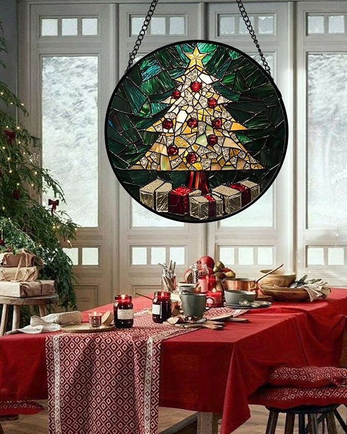 HWRHTR Stained Glass Window Hanging -Golden Christmas Tree Suncatcher for Doors Home Christmas Decoration Winter Sun Catcher Thanksgiving New Year Birthday Gifts for Women Men Mom Nana Girl 15 in