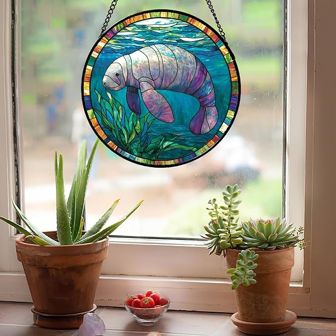Stained Glass Window Hanging Blue Ocean Seaweed Manatee 7.8" - Suncatcher Door Garden Sunroom Sun Catcher Home Decor Birthday Christmas for Mom Men Woman Nana