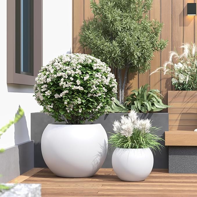 10 H x 14" Dia (10" Pot Opening) Round Fiberstone Planter with Drainage Hole, White, Indoor/Outdoor Large Plant Pot for Home Patio Garden, Ideal for Large Plants