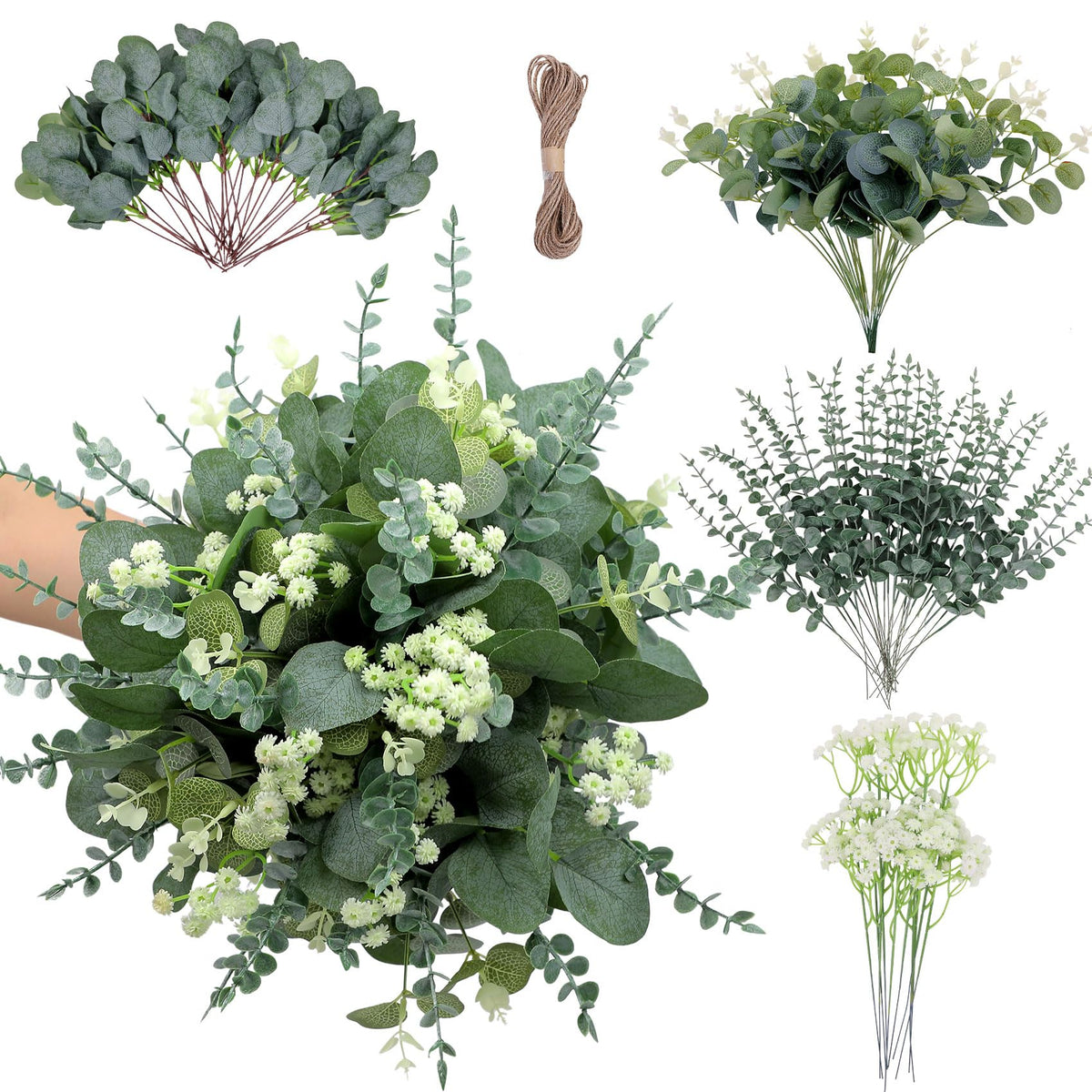 Anbeser 100 Pcs 4 Kinds Mixed Artificial Eucalyptus Greenery Stems Bulk