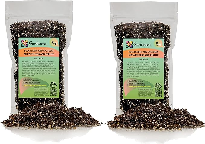 Gardenera Fern + Perlite Soil Mix - 10 Quart - for Repotting and Planting Succulents and Cactuses (2 Bags of 5 Quart)