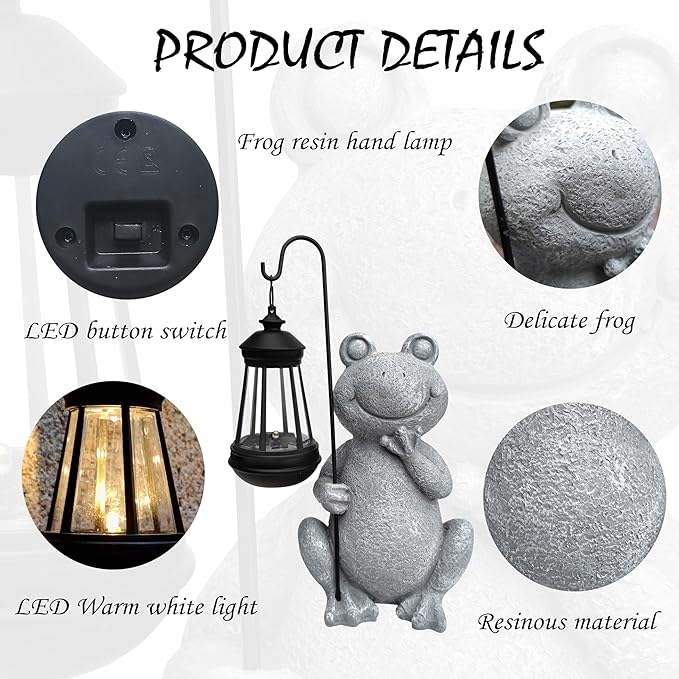 Qobumy Frog Solar Garden Statues,Resin Frog Figurine Decorations with Solar Lights Lantern, Outdoor Figurines Lawn Garden Statue Decor Art for Lawn,Yard,Balcony Ornament,Gift for Home Mom.
