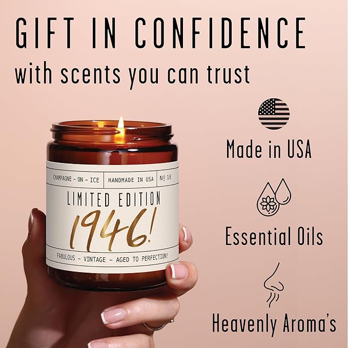 80th Birthday Gifts for Women - 'Limited Edition 1946' Soy, w/Champagne on Ice I 1946 Birthday Gifts for Women I 16oz Reusable Jar, 50Hr Burn, Made in USA