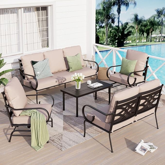 Sophia & William 5 Piece Patio Furniture Set Outdoor Couch Sofa, Sectional Conversation Sets 7 Seat with 3-seat Sofa x 1, Loveseat x 1, Rocking Chair x 2, Metal Coffee Table x 1 for Porch Lawn, Beige