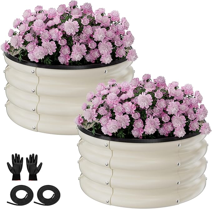 Round Galvanized Raised Garden Bed Kit, 2 Pcs 2 x 2 x 1ft Pearl White Galvanized Garden Boxes, Outdoor for Vegetables