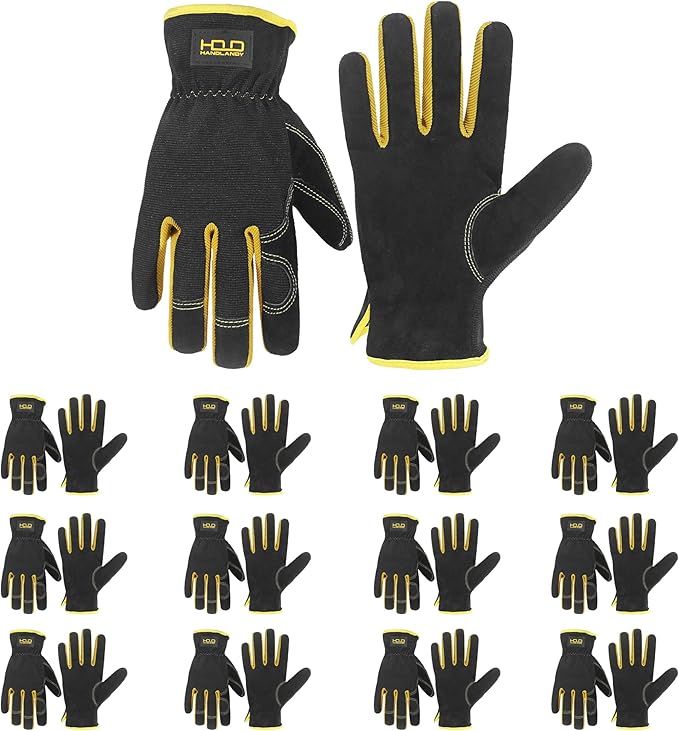 HANDLANDY Men Leather Gardening Gloves, Utility Work Gloves for Mechanics, Construction, Driver