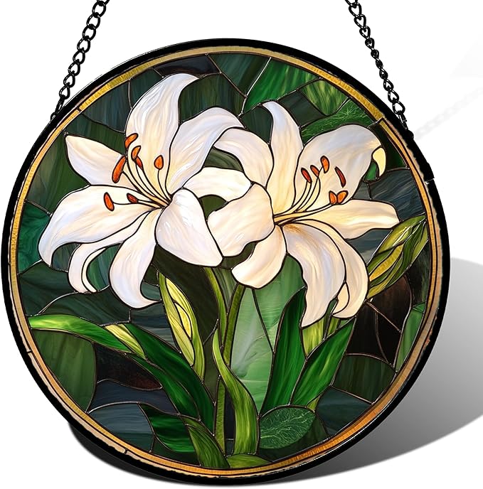 Stained Glass Window Hanging, White Lily Suncatcher for Door Garden Patio Birth Flower Green Plant Sun Catchers Decor Christmas Mother's Day Birthday Gifts for Women Mom Nana Friend 6.3 in