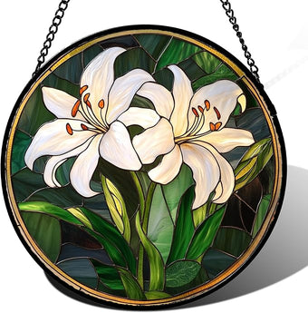 Stained Glass Window Hanging, White Lily Suncatcher for Door Garden Patio Birth Flower Green Plant Sun Catchers Decor Christmas Mother's Day Birthday Gifts for Women Mom Nana Friend 15 in