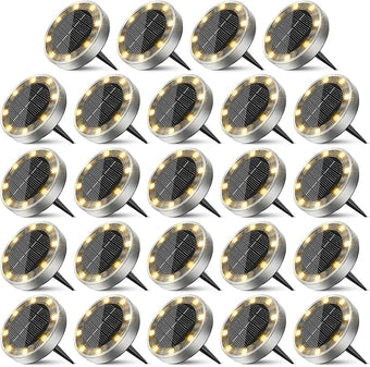 Peasur Solar Ground Lights Outdoor, 24 Pack Flat Solar Powered Disc Lights, IP68 Waterproof, Anti-Rust, Landscape Lighting for Pathway Garden Yard Lawn Walkway Landscape Driveway, Warm White