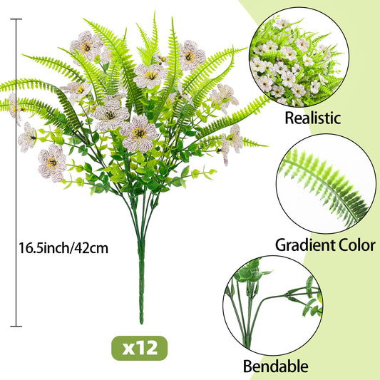 ATTGREAT Artificial Flowers for Outdoors UV Resistant, 12 Bundles(White)