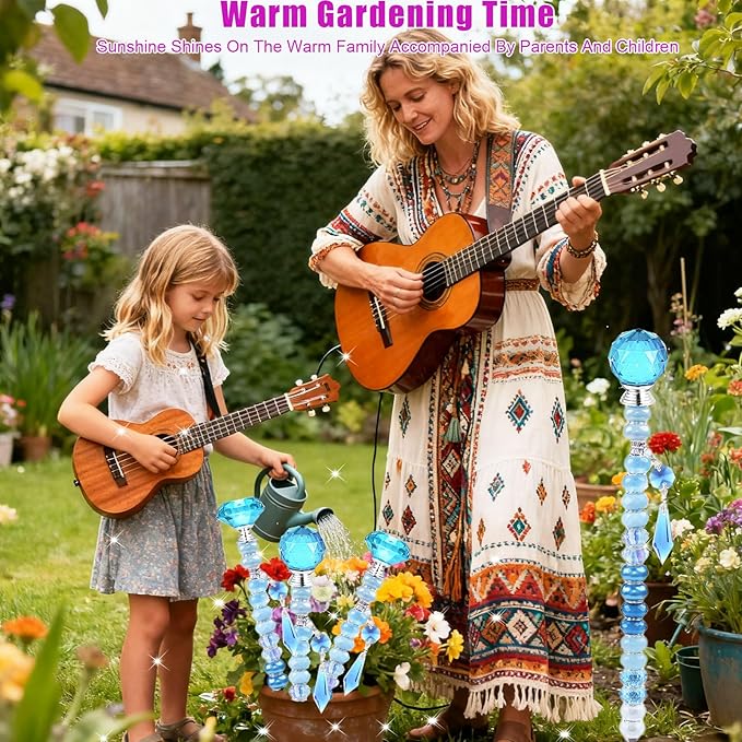 121 Pcs DIY Fairy Wand Beaded Garden Stakes Kit, Fairy Wands Garden Kit Blue Large Hole Bead with Sparkling Pendants Crystal Stopper Top Threaded Rod Beaded Garden Stakes Supplies Outdoor Decorative