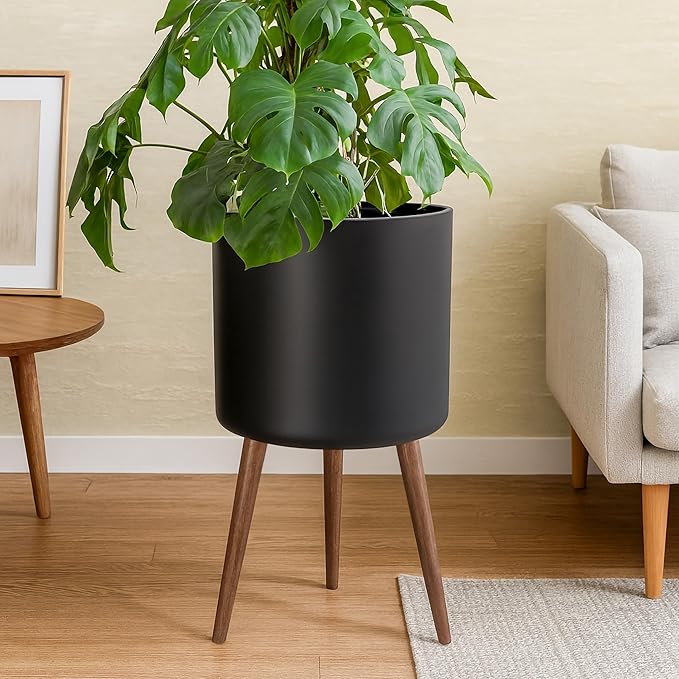 D'vine Dev 16 Inch Planter Pot with Stand, Mid-Century Tall Plant Pot with Legs for Indoor Plants, XX-Large, Black, 88-O-E-2