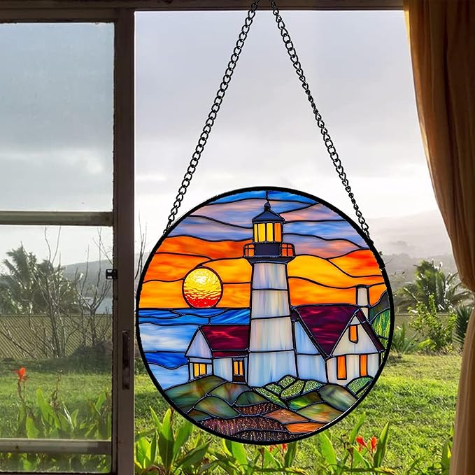 Stained Glass Window Hanging - Sea Lighthouse Suncatcher for Door Terrace Garden Home Decor Sunset Beach Scenery Sun Catcher Birthday Gifts for Lovers Women Men Dad Mom Nana 9.8 in