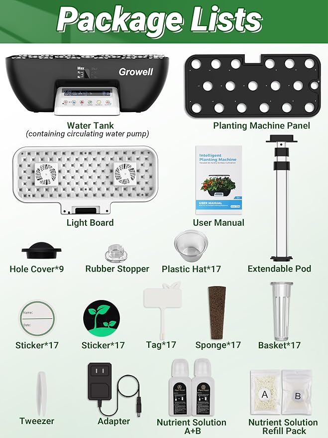 Hydroponics Growing System Kit, 17 Pods Herb Garden with 102 28W Full-Spectrum Grow Lights & 2 Fans, Indoor Garden with Water Pump, 10L Water Tank, Auto Timer, Height Adjustable (Black & White)
