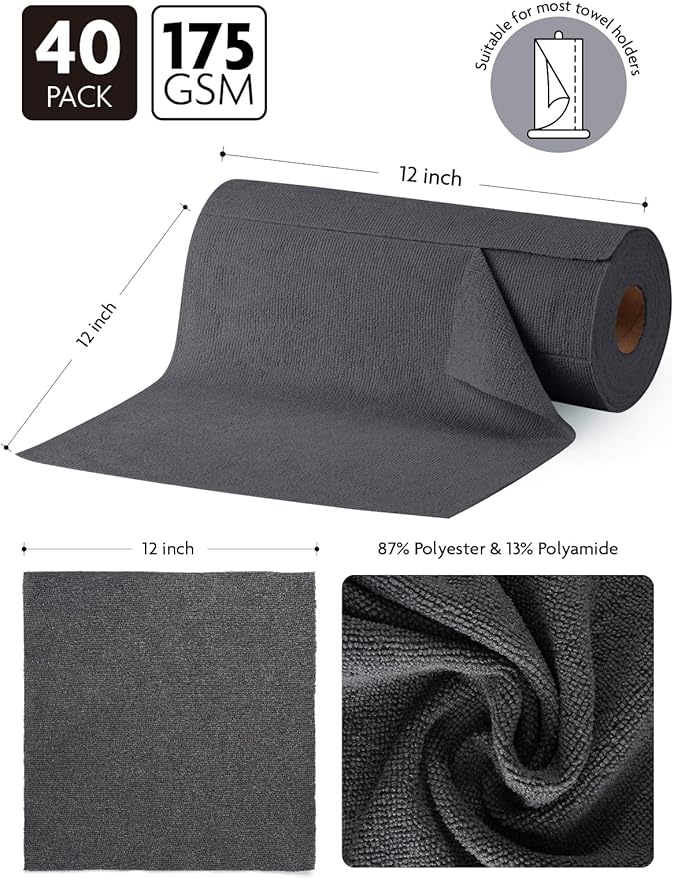 Fantasticlean Microfiber Cleaning Cloth Roll -40 Pack, Tear Away Microfiber Towels, 12" x 12", Reusable, Washable, Scratch Free, Ultra Absorbent for All-Around Cleaning Supplies (DimGrey)