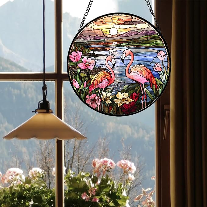 Stained Glass Window Hanging - Flamingo Wildflowers Landscape Suncatcher for Door Terrace Garden Home Decor Sunset Lake Sun Catcher Birthday Gifts for Lovers Women Men Dad Mom Nana 9.8 in