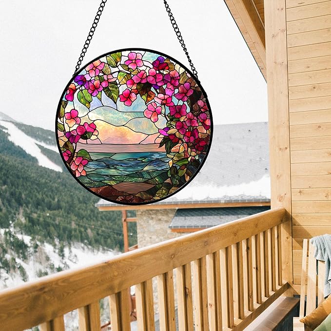 AMDERVEN Stained Glass Window Hanging, Purple Flower Landscape Wreath Sun Catcher for Door Home Decor Plants Suncatcher Christmas Mother's Day Birthday Gifts for Women Men Mom Nana 15 in