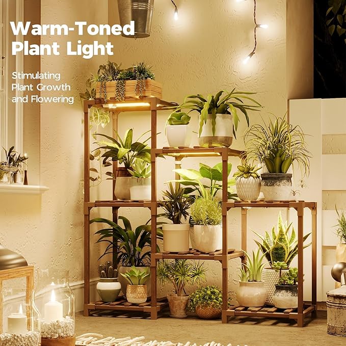 Bamworld Plant Stand with Grow Light Plant Shelf for Mutiple Pots 3 Tiers Ladder Plant Holder for Living Room Patio Boho Home Decor for Gardening Warm Light