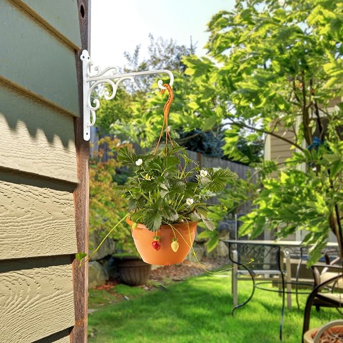 Sungmor Cast Iron Wall Hook Plant Hangers - Home & Garden Heavy Duty Hanging Bracket Plant Hooks - 2PC WHITE Decorative Wall Mount Hooks for Hanging Planter Pot Bird Feeder Birdcage Lantern Wind Chime