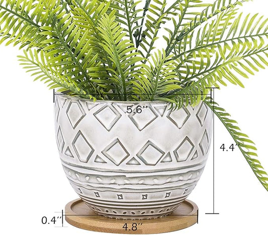 VanEnjoy 5.5 inch Large Round Bohemian Style Ceramic Planter, Geometry Engrave Off White Brown Succulent Planter Flower Pot - Indoor Outdoor Decorative Planter