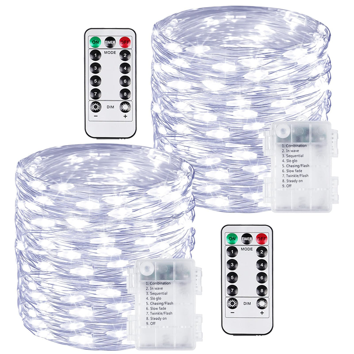 2 Pack 200 LED Fairy Lights Battery Operated with Remote, 66 FT Cool White