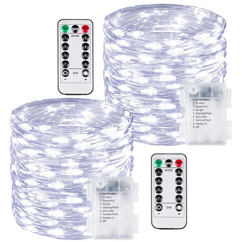 2 Pack 200 LED Fairy Lights Battery Operated with Remote, 66 FT Cool White
