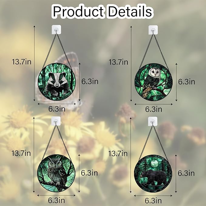 DASTOLL Stained Glass Window Hanging 4 Pcs Set Green Forest Night Sky Wildlife 6.3" - Suncatcher Door Garden Sun Catcher Decor Birthday for Mom Woman Nana Men Friend