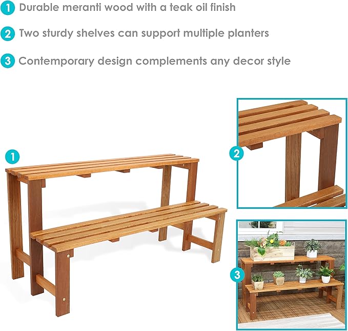 Sunnydaze 2-Tier Meranti Outdoor Wood Plant Stand - Indoor Plant Bench with Teak Oil Finish - 24-Inch